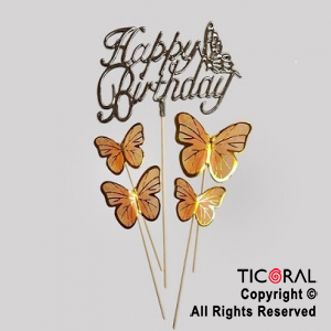 CAKE TOPPER CON 4 MARIPOSAS Y HAPPY BIRTHDAY CURSIVA PLATA METALIZADO